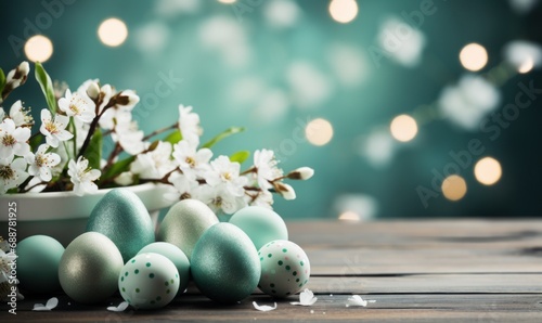 easter decorated eggs and flowers on wooden bed background 