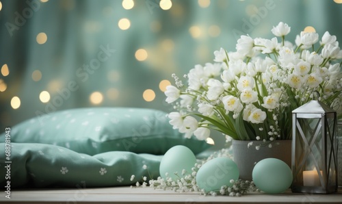 easter decorated eggs and flowers on wooden bed background,