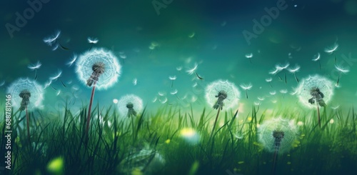 dandelions in green grass field background 