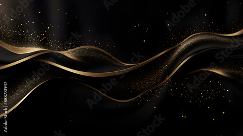 luxury black wavy background with golden glitter sparkles photo