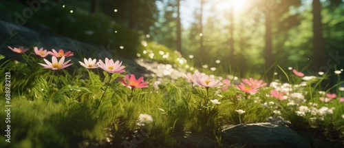 flower in forest with clear sunlight in spring,
