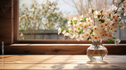 flowers in a vase on a wooden table over a window with sunlight,