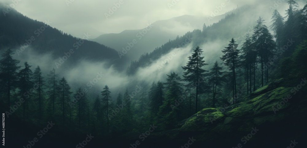 fog covers a mountain in a forest,