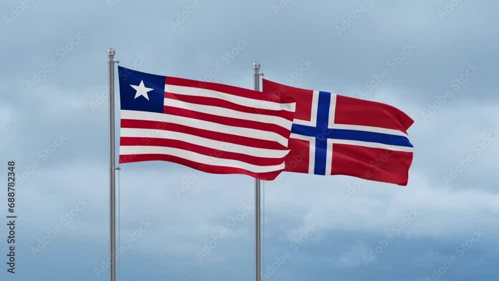 Norway flag and Liberia flag waving together on cloudy sky, endless seamless loop, two country relations concept Norway flag and Liberia flag waving together on cloudy sky, endless seamless loop, two country relations concept
