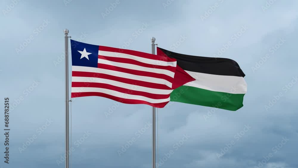 Palestine and Gaza Strip flag and Liberia flag waving together on blue sky, looped video Palestine and Gaza Strip flag and Liberia flag waving together on blue sky, looped video