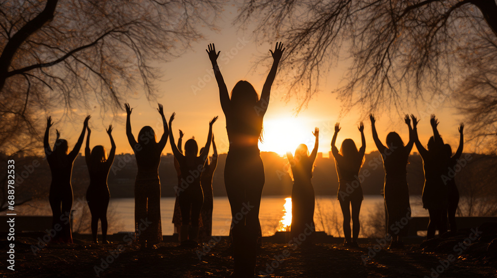 Spring Equinox Yoga: Silhouettes of individuals practicing yoga in nature, harnessing the energy of the changing season for balance and renewal.