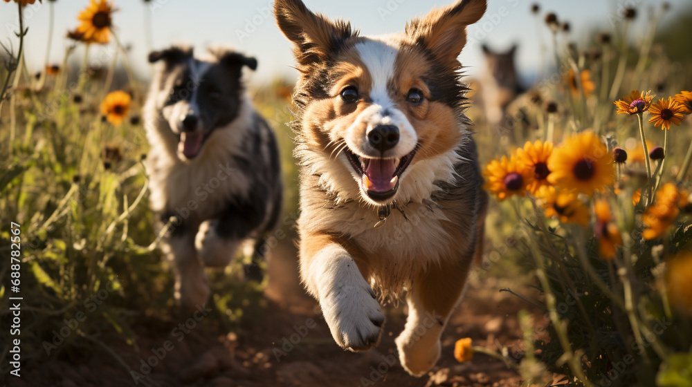 Springtime Puppies: Playful scenes of puppies frolicking in fields of flowers, embodying the pure joy and energy of spring.