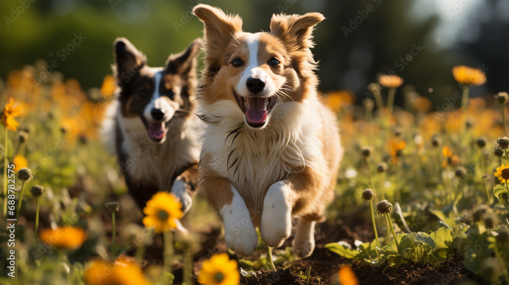 Springtime Puppies: Playful scenes of puppies frolicking in fields of flowers, embodying the pure joy and energy of spring.