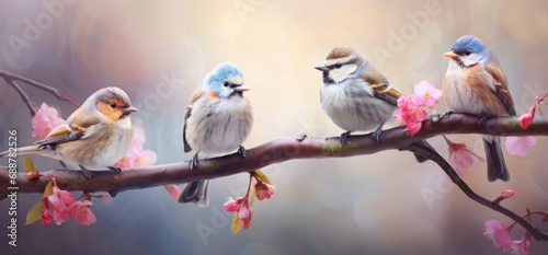 four colorful birds sitting on a branch with pink flowers