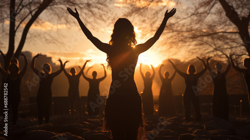 Spring Equinox Yoga: Silhouettes of individuals practicing yoga in nature, harnessing the energy of the changing season for balance and renewal. photo