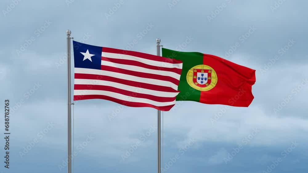 Portugal and Liberia flag waving together on cloudy sky, endless seamless loop, two country cooperation concept Portugal and Liberia flag waving together on cloudy sky, endless seamless loop, two country cooperation concept