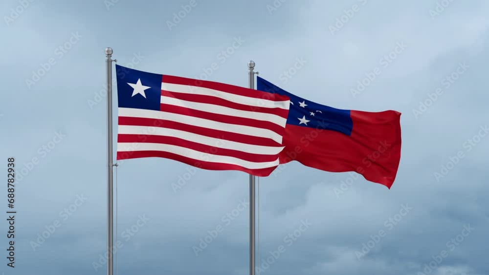 Samoa and Liberia flag waving together on cloudy sky, endless seamless loop, two country cooperation concept Samoa and Liberia flag waving together on cloudy sky, endless seamless loop, two country cooperation concept