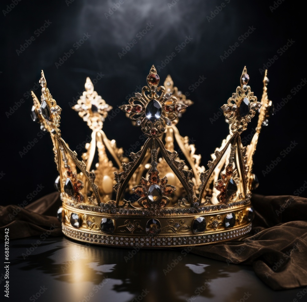 gold crown with golden glitter, on black background,