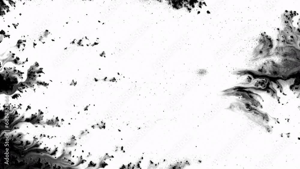 Black ink rorschach effect abstract background artistic flow splatter spots spills white paper beautiful reveal dripping streaks spread fluid ink alpha matte isolated watercolor ink drops transition