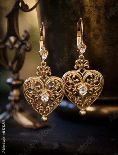 golden heart earrings shown on a tabletop,