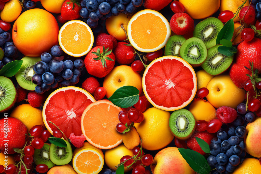 Multicolored background filled with various fruits and berries. Healthy eating concept