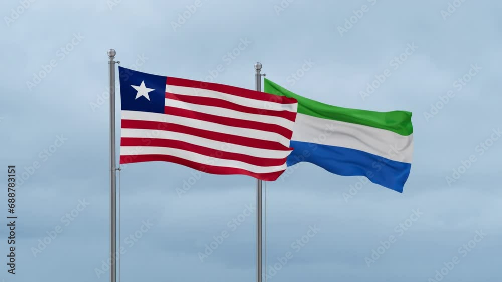 Sierra Leone or Salone and Liberia flag waving together on cloudy sky, endless seamless loop, two country cooperation concept Sierra Leone or Salone and Liberia flag waving together on cloudy sky, endless seamless loop, two country cooperation concept