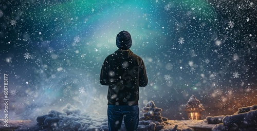 Man standing in winter landscape and looking at night sky. Generative AI.