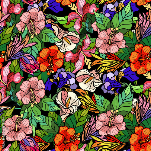 Seamless pattern with flowers in stained glass technique. Vector illustration.

