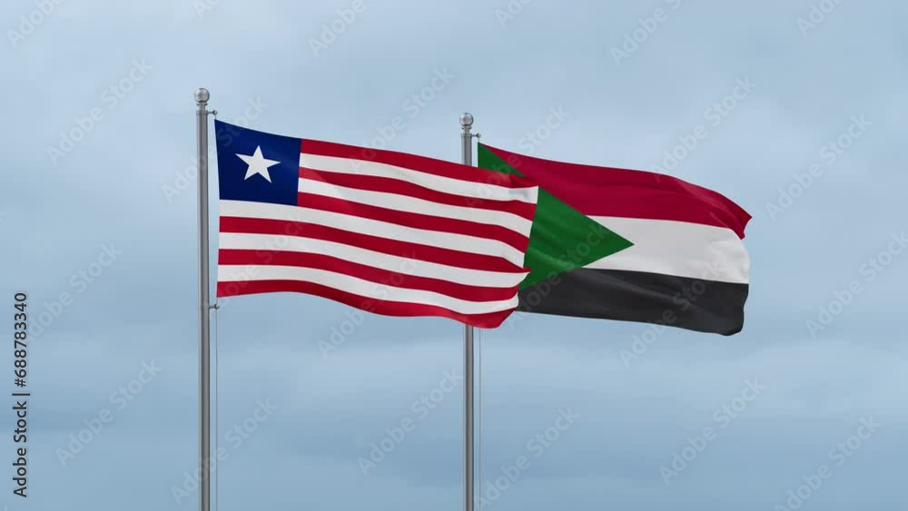 Sudan and Liberia flag waving together on cloudy sky, endless seamless loop, two country cooperation concept Sudan and Liberia flag waving together on cloudy sky, endless seamless loop, two country cooperation concept