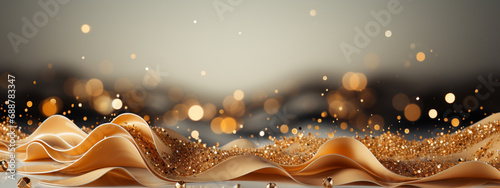 Elegant swirl of golden glitter. Christmas frame. Ideal for banners, cards, invitations and celebrations. Flat layout, offers copy space and Christmas atmosphere.