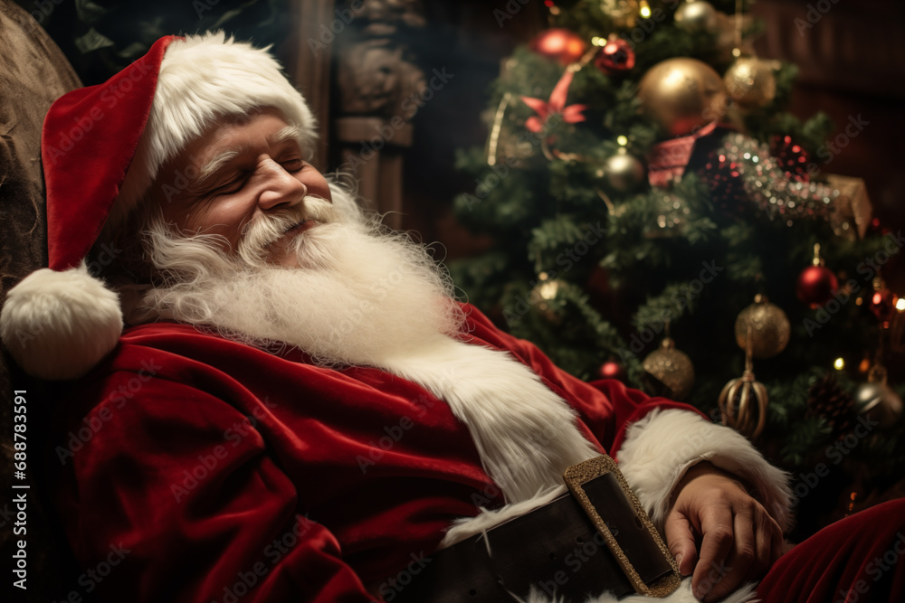 AI Generated Image side view of kind and serene Santa sleeping next to the Christmas tree after party AI Generated Image side view of kind and serene Santa sleeping next to the Christmas tree after party