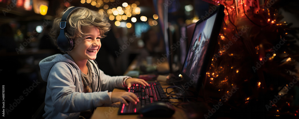 Boy playing computer game with headphones. Boy playing computer game with headphones.