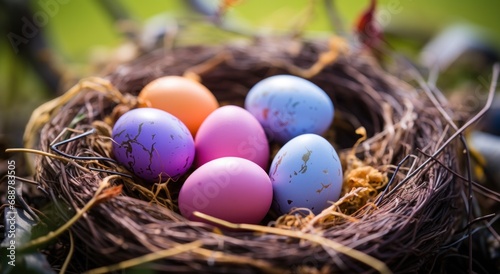 happy easter! colorful eggs in nest on grass,