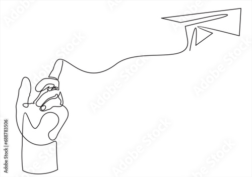 Hand launches into the sky airplane isolated on white background. continuous line illustration. one line vector. concept of traveling, start up.	