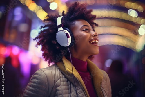 AI Generated Image of trendy African American young woman wearing headphones and listening music while walking on a Christmas decorated city street photo