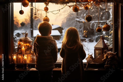 AI Generated Image of Little anonymous kids at Christmas decorated home looking though the window to the frozen winter landscape photo