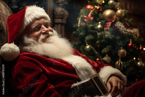 AI Generated Image side view of kind and serene Santa sleeping next to the Christmas tree after party photo