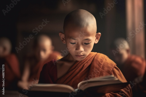 Generative AI image of a young monk reading solemnly photo