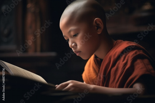 Generative AI image of a Young Monk Reading in a Dimly Lit Room photo
