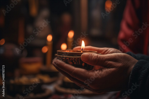 Generative AI depiction of hands holding a lit candle in dim light photo