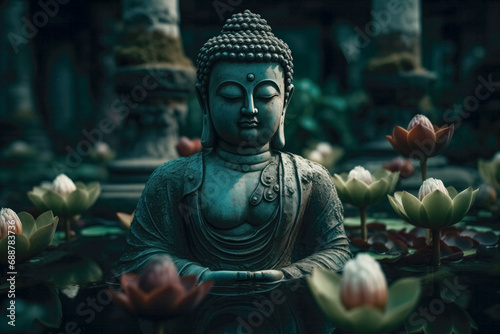 Generative AI image of Serene Buddha amidst lotus flowers photo