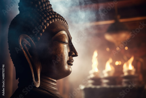 Generative AI image of a serene Buddha statue with candles photo