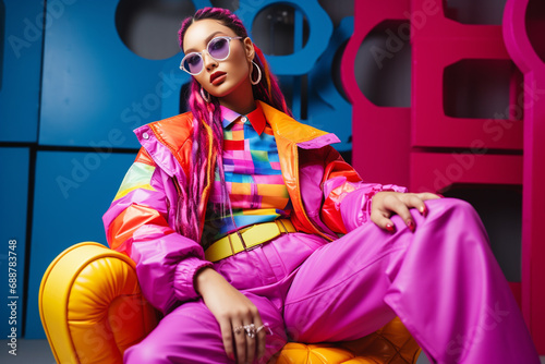 Fashion, style, make-up concept. Beautiful girl model posing with colorful clothing. 90's style outfit. Vivid colors