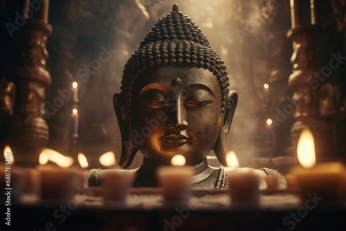 Generative AI image of Buddha Statue with Glowing Candles photo