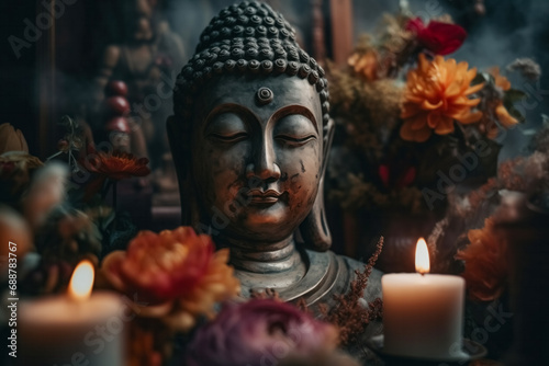 Generative AI image of a tranquil Buddha statue with candles photo