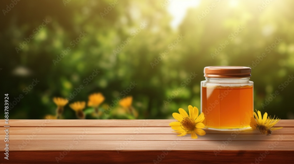 jar of honey with blank front realistic on a mockup template in a wooden table in a summer garden with bee, jar of honey with blank front realistic on a mockup template in a wooden table in a summer garden with bee,