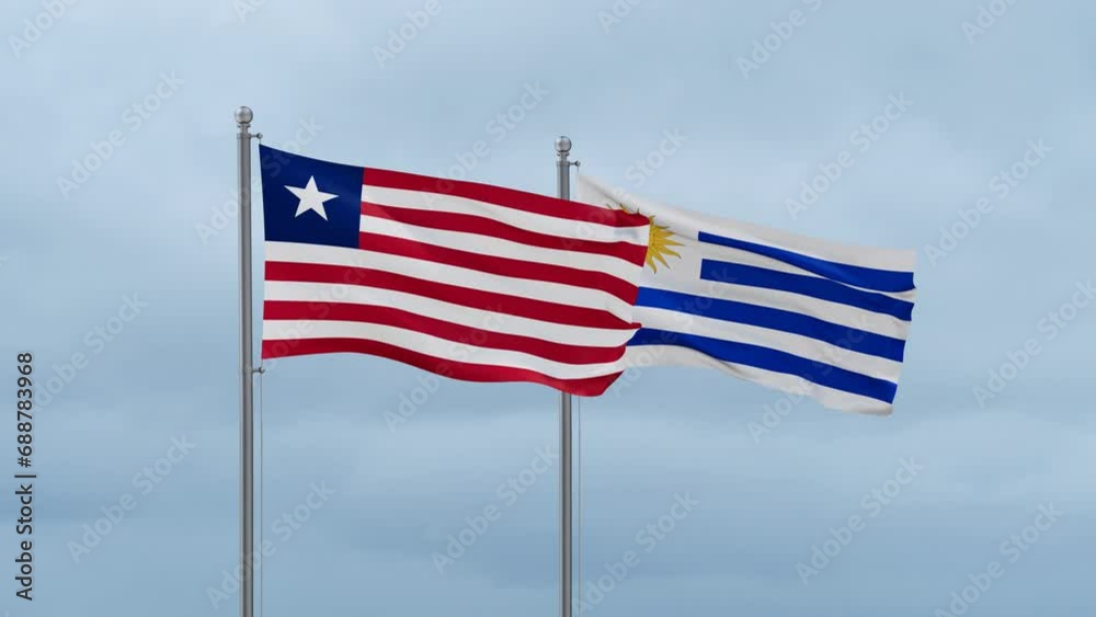 Uruguay and Liberia flag waving together on cloudy sky, endless seamless loop, two country cooperation concept Uruguay and Liberia flag waving together on cloudy sky, endless seamless loop, two country cooperation concept