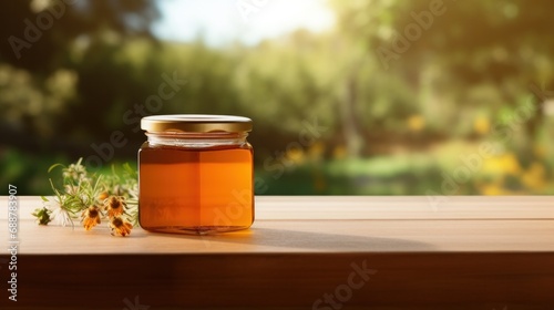 jar of honey with blank front realistic on a mockup template in a wooden table in a summer garden with bee,