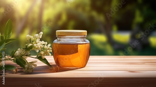 jar of honey with blank front realistic on a mockup template in a wooden table in a summer garden with bee,