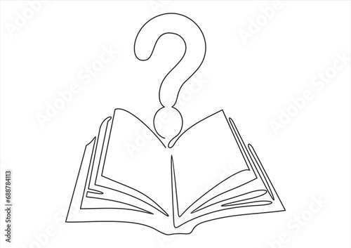 Open book and question mark one continuous line drawing. Vector illustration isolated on white. photo