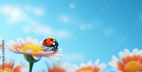 ladybug on a flower with blue background 