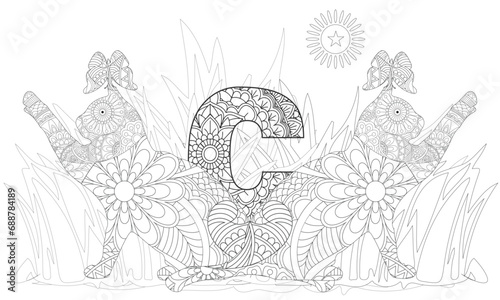 Floral adult coloring book page. Fairy tale kitten. Ethereal animal consisting of flowers, leaves and insects.Fairy tale cat.