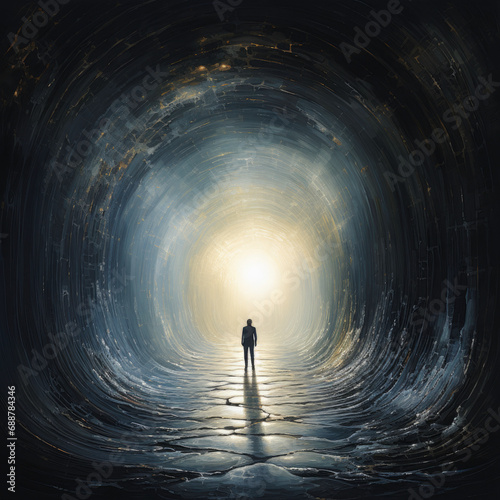 Person walking towards a tunnel of light, concept of life after death