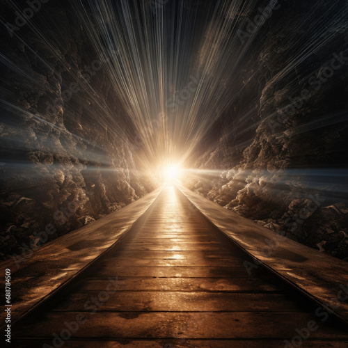 Person walking towards a tunnel of light, concept of life after death