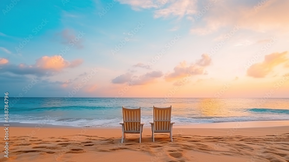 Two deck chairs for sunbathing on the beach, view at sunset. beautiful colorful sunset Two deck chairs for sunbathing on the beach, view at sunset. beautiful colorful sunset